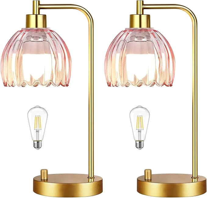 Pink Table Lamp Set of 2,Small Gold Bedside Lamps Dimmable Boho Bedroom Lamp with Tulip Flower Glass Lamp Shade,Vintage Mid Century Modern Mini Nightstand Lamp for Kids Bedroom Living Room