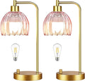 Pink Table Lamp Set of 2,Small Gold Bedside Lamps Dimmable Boho Bedroom Lamp with Tulip Flower Glass Lamp Shade,Vintage Mid Century Modern Mini Nightstand Lamp for Kids Bedroom Living Room
