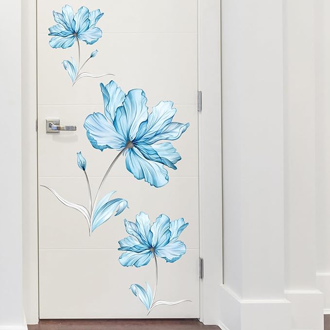 TUOKING Blue Flowers Wall Stickers Decor,6 Sheet Removable Wall Murals Peel and Stick Modern Wall Art Decal Home Decor for Kitchen,Bedroom,Living Room(MS6266)