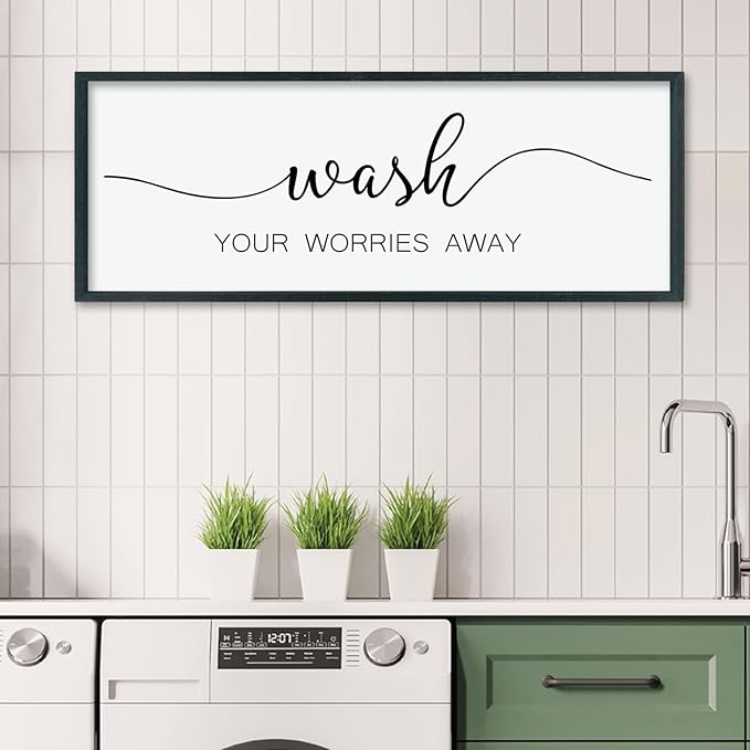 LuZhiQiang Laundry Room Wash Your Worries Away Wall Decor 40"×15" Inspirational Quote Sign for Bathroom Relaxation Room Rustic Farmhouse Large Wooden Framed Wall Hanging Art (Black)