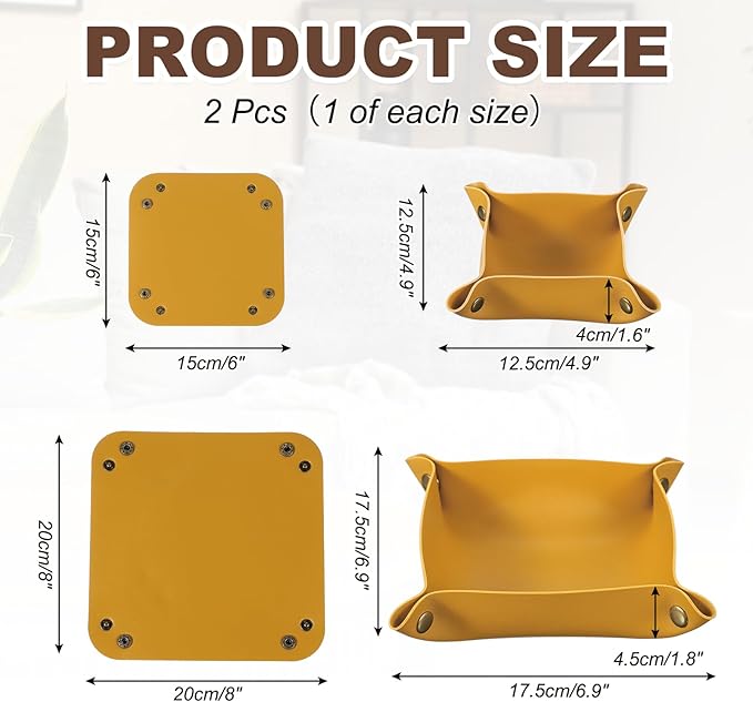uxcell 2 Pcs Valet Tray for Women and Men, PU Leather Jewelry Tray Entryway Table Bedside Nightstand Catchall Storage Organizer for Jewelry Key Coin Watch Wallet(Square, Yellow)