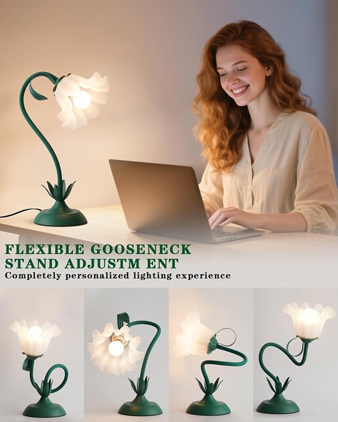 Flower Table Lamp, Cute LED Reading Bedside Night Light, 3 Color Modes Vintage Desk Lamp, Kawaii Aesthetic Decor for Dorm Bedroom Living Room (Dark Green)