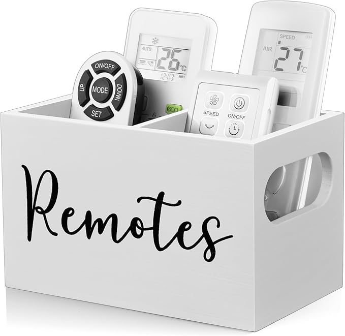 DRASTAR Remote Control Holder, Wood TV Remote Holder, Remote Storage Caddy, Remote Control Organizer (White, 2 Slots)