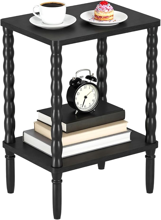 Small Narrow Side Table, Vintage End Table - Skinny Bedside Nightstand for Small Spaces, Couch/Recliner Accent Table for Bedroom Living Room Nursery, No-Tool Assembly (Black)