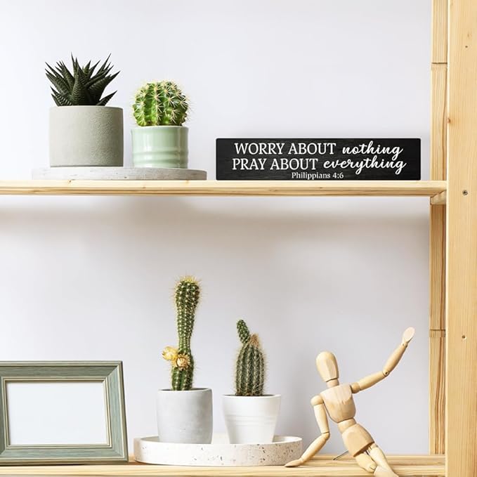 AGMDESIGN Worry About Nothing Pray About Everything Bible Verse Wood Sign, Christian Hanging Wooden Plaque for Prayer Room Church Bedroom Home, Faith-Based Wall Decor for Shelf Desk Door