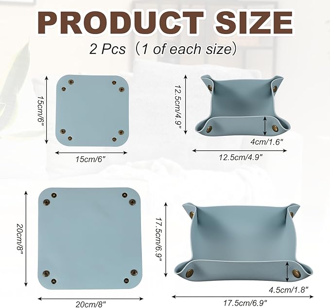 uxcell 2 Pcs Valet Tray for Women and Men, PU Leather Jewelry Tray Entryway Table Bedside Nightstand Catchall Storage Organizer for Jewelry Key Coin Watch Wallet(Square, Sky Blue)