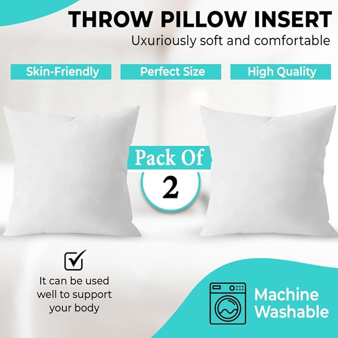 QUBA LINEN 18 x 18 Throw Pillow Insert - Pack of 2 White, Down Alternative Pillow Inserts for Decorative Pillow Covers, Throw Pillows for Bed, Couch Pillows for Living Room (Pack of 2)