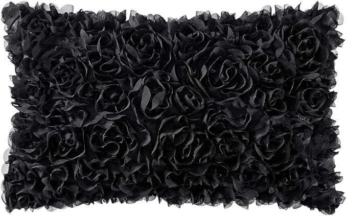 MIULEE 3D Rose Flower Pillow Cover Decorative Spring Floral Romantic Stereo Chiffon Aesthetic Solid Pillowcase for Girl Bedroom Living Room Decor 12x20 Inch Black