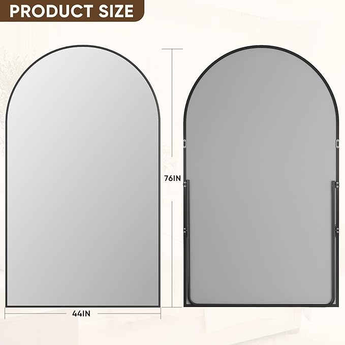 Antok Full Length Mirror, 76"x44" Floor Mirror with Stand, Hanging Mounted Mirrors for Bedroom, Living Room, Cloakroom, Dining Room, Black, Arched