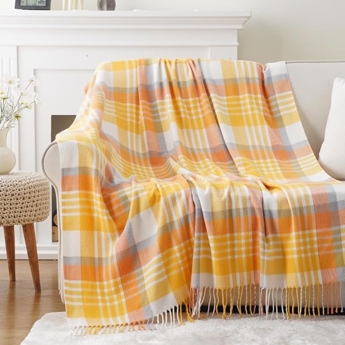 BATTILO HOME Yellow Plaid Throw Blanket for Couch - Plaid Throw Blanket Buffalo Plaid Blankets - Lightweight Farmhouse Outdoor Spring Summer Throw Blankets for Bed, Sofa (50"x60")