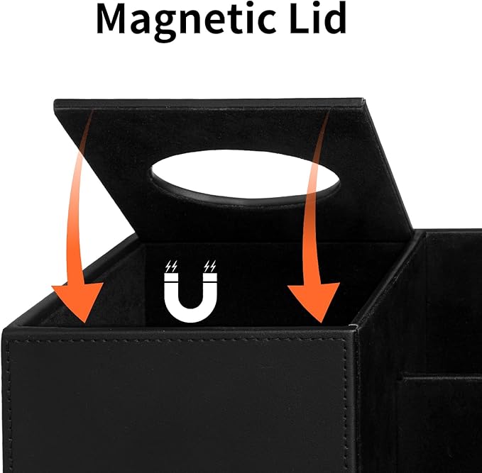 PU Leather Tissue Box Cover with Remote Control Holder, Square Tissue Box Holder for Living Room Bathroom Office (Black)