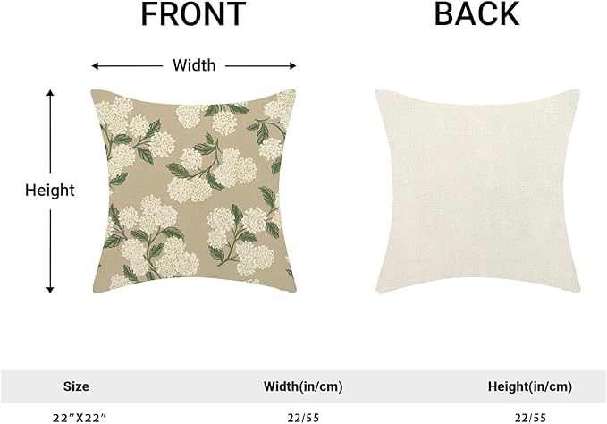 AEIOAE Spring Pillow Covers 22x22 Inch Set of 2, Beige Green Hydrangea Flower Throw Pillows Case,Floral Summer Outdoor Seasonal Decorative Farmhouse Decor Cushion Covers for Home Sofa Bed Couch