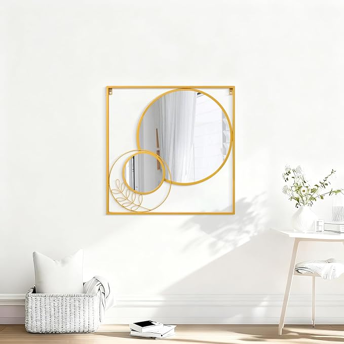 Gold Metal Mirror Set, Square Large Wall Mounted Mirror Golden Modern Artistic Decorative Mirrors for Bedroom Living Room Entryway 30x30 Inch Decor