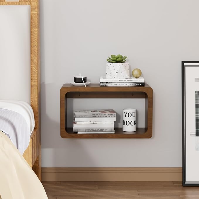 Bamboo Floating Nightstand with Storage Drawer and Modern Open Shelf Cubby，Bedroom, Living Room, Kitchen, Tool Room for use. (Brown, Prepare for Departure)