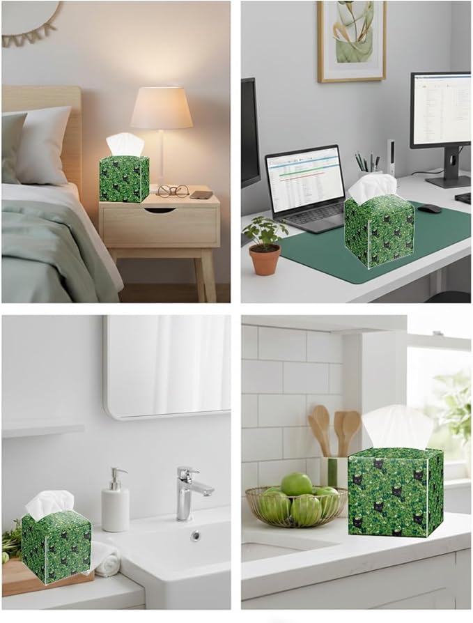 St.Patrick's Day Napkin Tissue Box Cover, Clover Black Cat Waterproof Leather Paper Organizer Dispenser for Table Dining, Bathroom, Nightstand Vanity, Car, Housewarming Gift Ideas, I