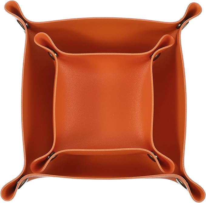 uxcell 2 Pcs Valet Tray for Women and Men, PU Leather Jewelry Tray Entryway Table Bedside Nightstand Catchall Storage Organizer for Jewelry Key Coin Watch Wallet(Square, Orange)