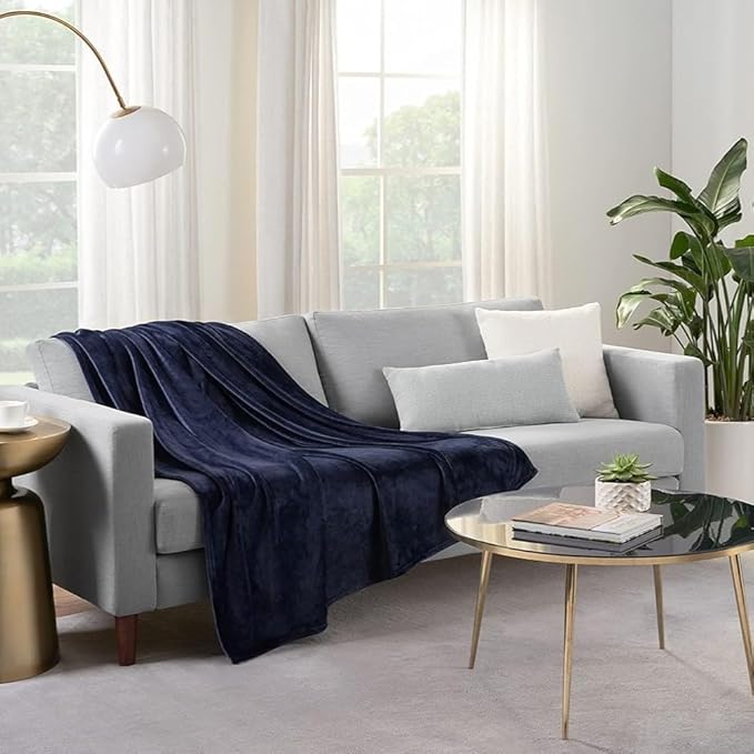 Serta Cozy Plush Thick Fuzzy Super Soft Lightweight Throw Blanket for Bed, Couch, or Travel, Queen (90 in x 90 in), Navy
