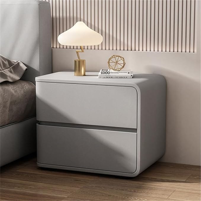 Minimalist Bedside Table Wood Bedside Furniture, Leather Nightstand with 2 Drawer Storage Modern Night Stand for Bedroom, Living Room, 17.7x15.7x18.9inch(Gray,Right)
