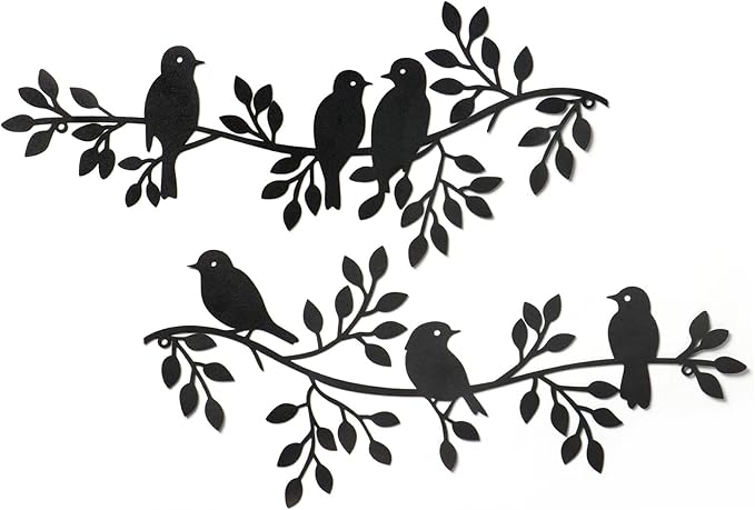 LOMOHOO Metal Birds Wall Decor Art Leaves 6 Birds on Vine Olive Branch Iron Sculptures Silhouette Metal Hanging Ornament Bedroom Living Room Indoor Outdoor Decoration