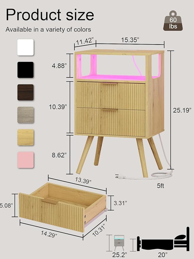 Nightstand, Modern Bedside Table with 2 Storage Drawer and Open Wood Shelf for Bedroom and Small Spaces, Night Stand with Solid Wood Legs (Yellow Oak-Outlet)