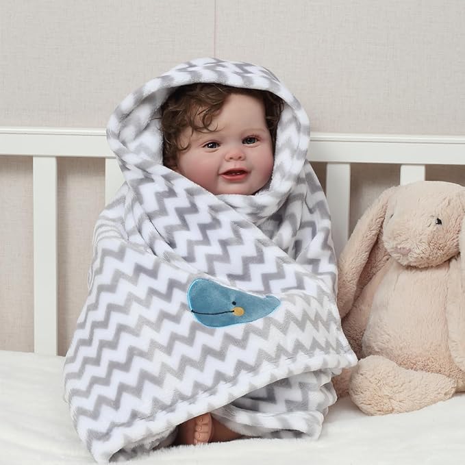 CREVENT 2Pcs 30''X40'' Cute Cozy Fluffy Warm Baby Blankets for Infants Toddlers' Bedding Crib Cot Stroller - Grey Cloud + Whale