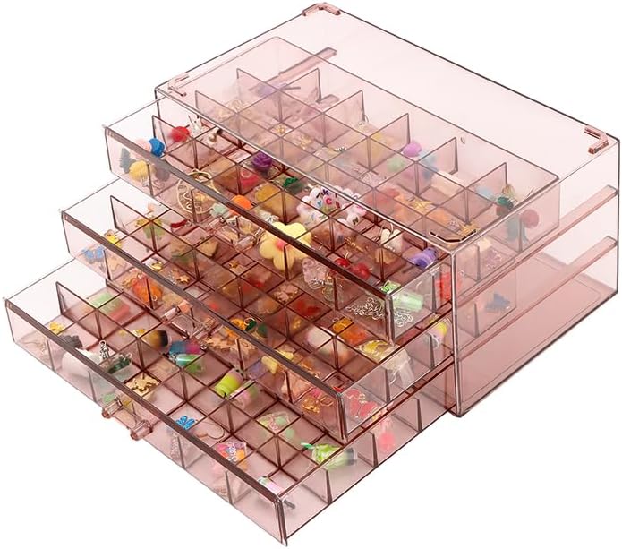 Jewelry Organizer, Earring Holder Organizer Box with 3 Layers, 72 Grids Earring Case, Jewelry Box for Girls, Craft Storage Containers for Nail Charms, Ring, Earrings(Tan)