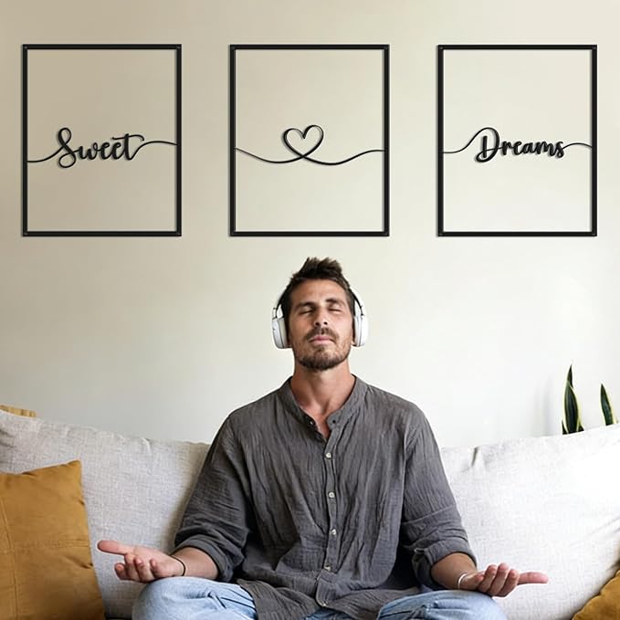 Bnesi Large 3 PCS Bedroom Wall Decoration Sweet Dream Metal Sign Bedroom Wall Decor Set Black And White Wall Art for Bedroom Wall Decor Above Bed Unique Wall Art (Dream)