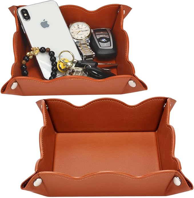 Valet Tray for Men Women 2 Pack - PU Leather Travel Catchall Tray Organizer - Desk Bedside Nightstand Storage Box for Jewelry Key Phone Remote Controller Wallet Watch Glasses Readers -Brown