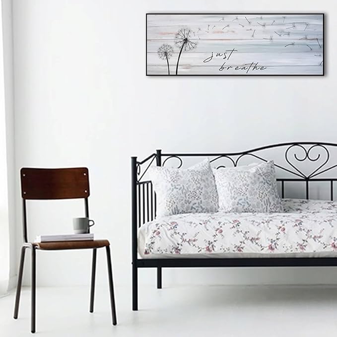 Modern Farmhouse Wall Decor Just Breathe Dandelion Canvas Art Prints Above Bed Bedroom Farmhouse Decor Vintage Bathroom Office(Black Wooden Frame) 43x15inch
