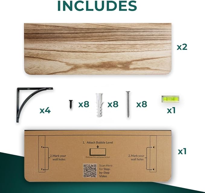Reinforced Steel Bracket Room Shelves for Bedroom Wall - Easy to Install, Template and Video Included - Wall Mounted Rustic Wood Shelves for Bathroom, Home Decor