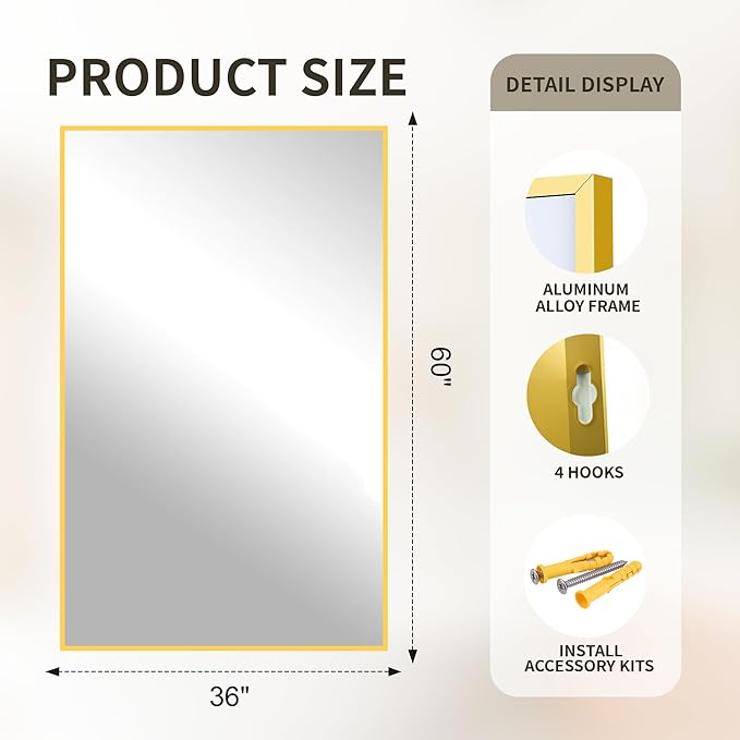 FICTOR Bathroom Vanity Mirror-Gold,60x36 Inch, Shatterproof & Anti-Rust, Wall Mount Large Rectangle Mirrors with Metal Frame for Over Sink, Bathroom, Bedroom, Living Room,Entryway
