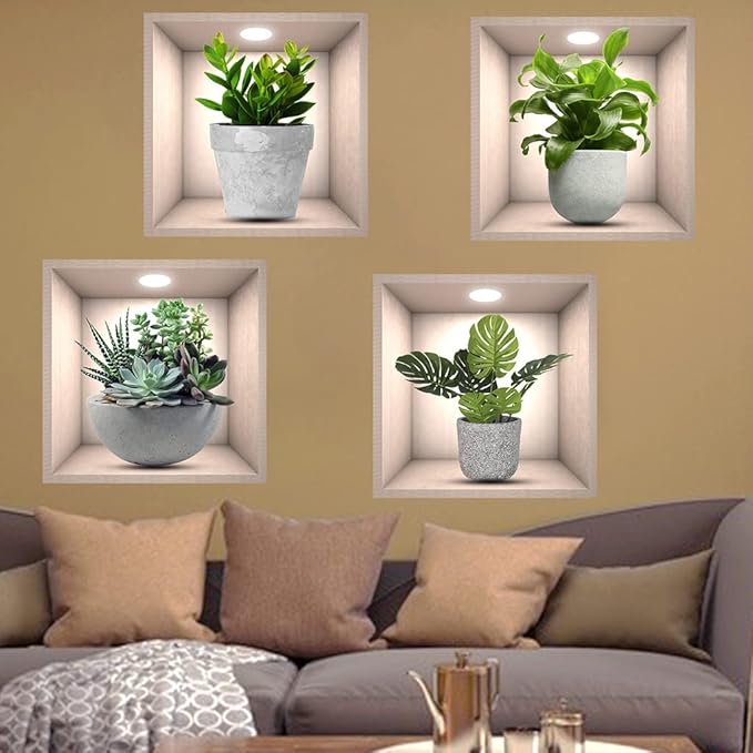 4 Pack 3D Green Plants Wall Stickers Botanical Plants Wall Decals for Bedroom Living Room Kitchen