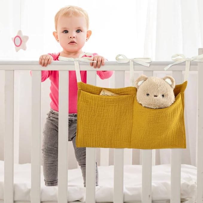 Cinaci 2pcs Cotton Pram Stroller Caddy Baby Crib Hanging Organizers Storage Pockets Nappy Diaper Bags Bedside Pockets for Milk Bottle/Soothing Toys/Wipes (Cream Set)