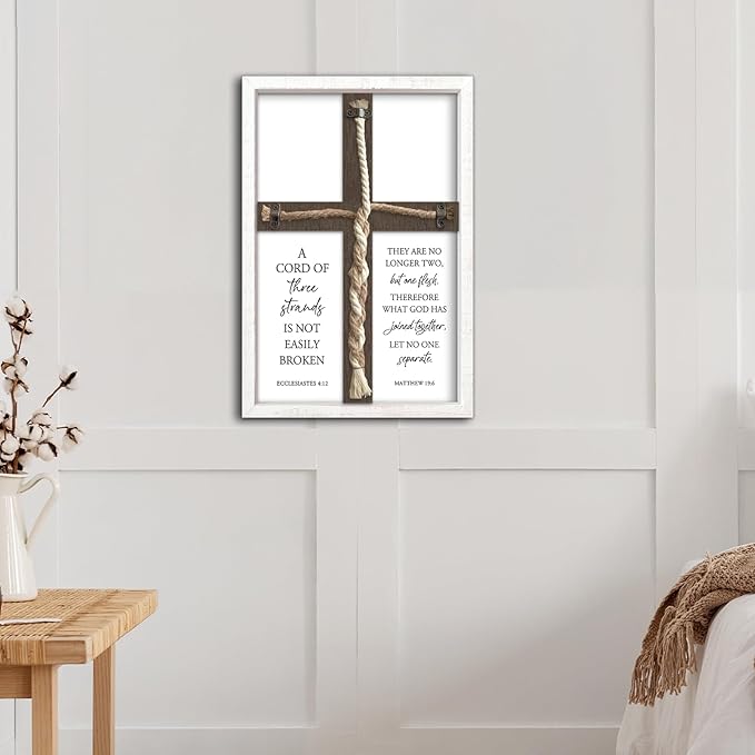 YWJKWLGS A Cord of Three Strands Wedding Ceremony Sign 15x10 Inch Anniversary Unity Knot Cross Christian Marriage Prayer Art Ideas Braid Rope Wall Decor for Couple Religious Wood Framed (White)