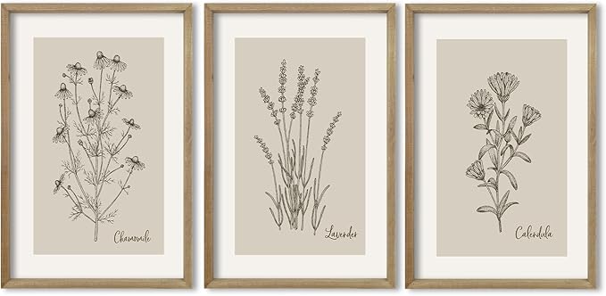 TQianJiang Vintage Botanical Wall Art 16"x11" Set Of 3 Wood Framed Wildflower Pictures Wall Decor for Bedroom Minimalist Wall Hanging (Wood)
