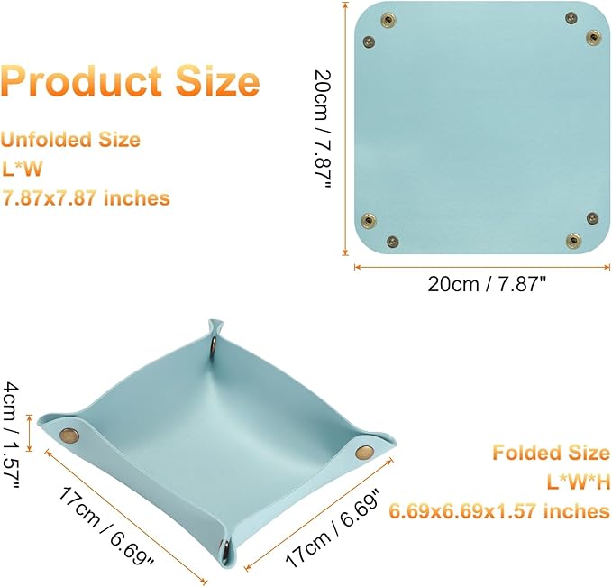HARFINGTON 2pcs PU Leather Valet Tray Unisex Folding Small Catchall Tray Portable Entryway Table Tray Nightstand Bedside Desk Tray for Key Wallet Watch Coin Jewelry Dice, Light Blue