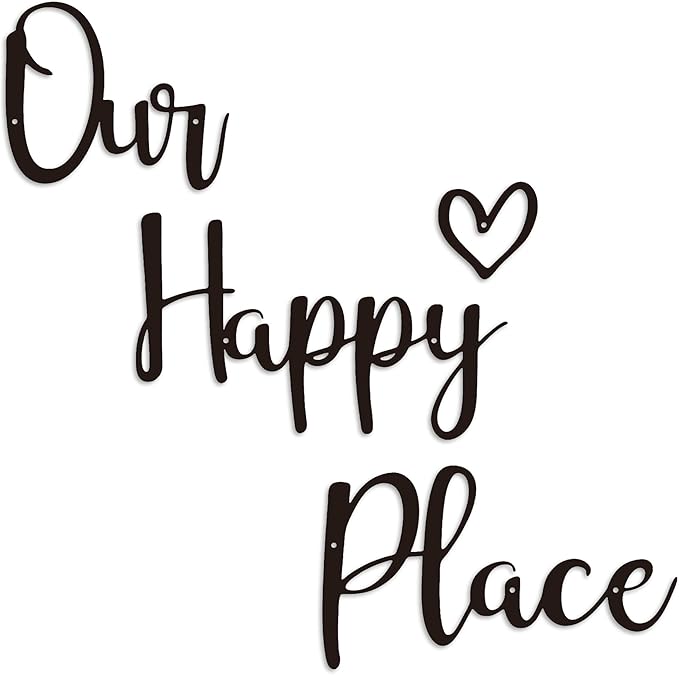 Our Happy Place Sign Metal Wall Decor Hanging Art Words Home Decor for Patio, Living Room, Bedroom, Kitchen, Bathroom and More, Black