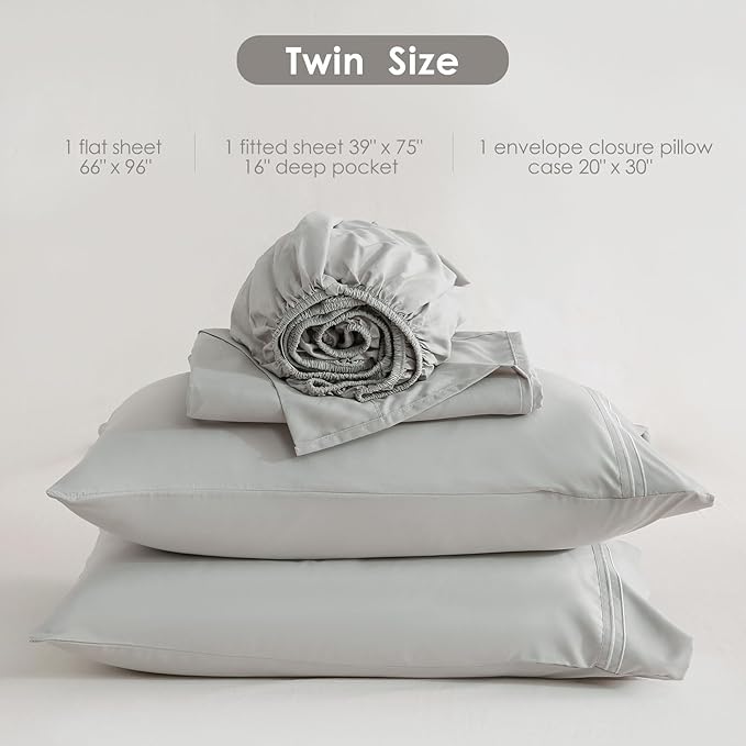 JSD Light Grey Twin Sheet Set with Side Pocket Corner Straps, 3 Piece Soft Kids Microfiber Bed Sheets Extra Deep Pocket