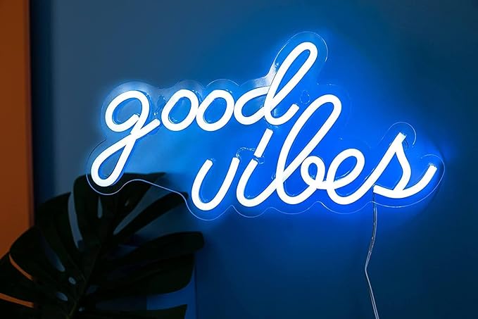 DECANIT Good Vibes Neon Sign Ice Blue, Cool LED Light for Wall Decor, Game Room, Man Cave, Bar, Streamer Setup, USB Powered Gamer Gift, 16.1x8.3 Inch