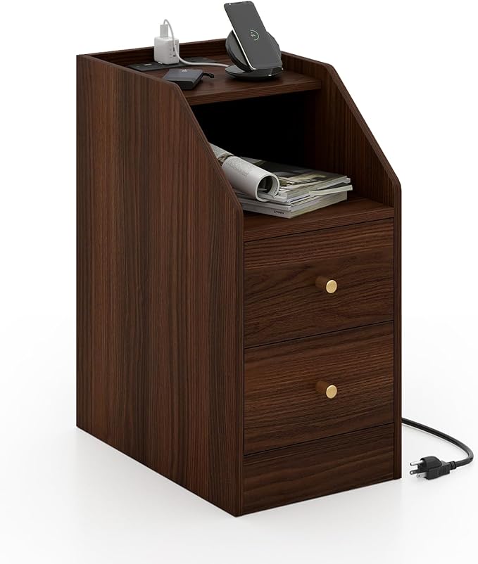 KOMFOTT Nightstand with Charging Station, End Table with 2 Storage Drawers, Sofa Beside Table with AC Outlets, USB and Type-C Ports, Modern Narrow Nightstand for Bedroom Small Space (Walnut,1)