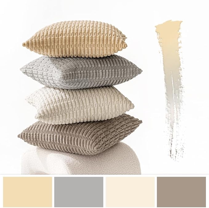 MIULEE Pack of 4 Neutral Decorative Throw Pillow Covers 18x18 Inch for Couch Sofa Living Room Bed Rustic Farmhouse Boho Corduroy Soft Striped Pillow Covers Home Decor