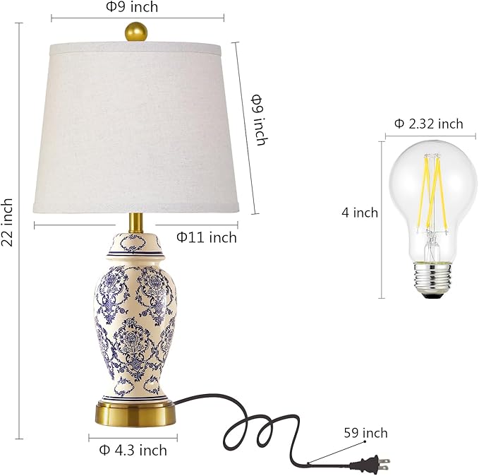 RORIANO Chinoiserie Ceramic Small Table Lamps Set of 2 for Living Room Bedroom Bedside, Traditional Beige and Blue Porcelain Classic Table Lamp for Nightstand Entryway, 2 LED Bulbs Included