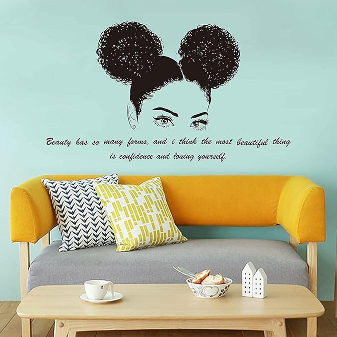 Make Up Wall Decor Beauty Salon African Woman Wall Art Decal Beautiful Afro Black Girl Vinyl Wall Stickers Living Room Home Decor LL2473 (LL2267 Black)