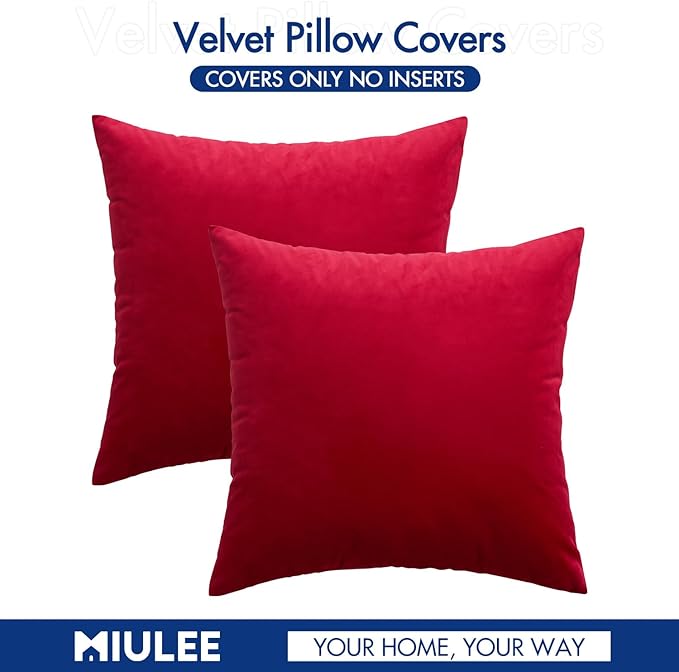 MIULEE Pack of 2 Velvet Pillow Covers Decorative Square Pillowcase Soft Solid Cushion Case Home Decor for Sofa Couch Bedroom Car 20x20 Inch Red