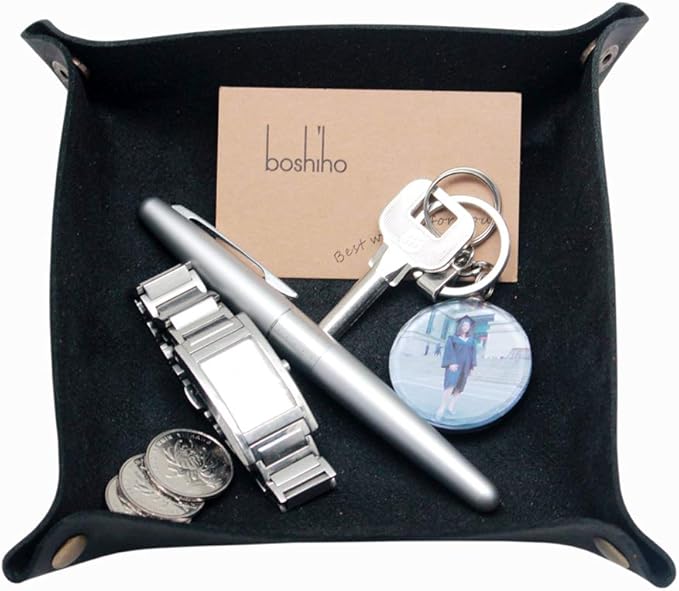boshiho Valet Tray for Men, Leather Jewelry Catchall Key Phone Coin Box Change Caddy Bedside Storage Box (Crazy Horse Leather - Black)