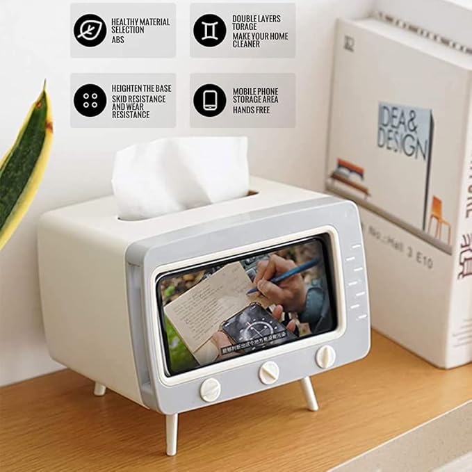 SGVAHY Tissue Box Holder Retro TV Tissue Box Cover Cute and Practical Cell Phone Holder Tampon Holder for Bathroom Kitchen Bedroom Dressers Desks and Tables Night Stands Creative Gift (TV White)