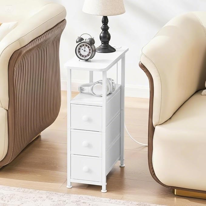 Narrow End Table with Charging Station, Narrow Side Table with Drawer, Small Nightstand with LED Light, Skinny Nightstand, Small Bedside Table for Living Room, Bedroom, Couch, White