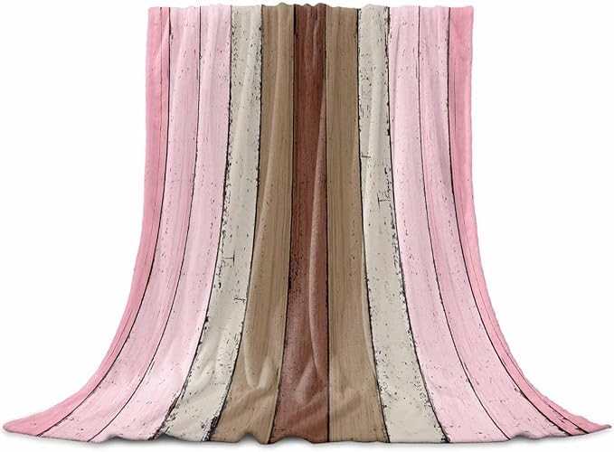 Farmhouse Pink Brown Throw Blanket, Soft Fluffy Fuzzy Blankets & Throws for Bed/Couch, Vintage Country Wooden Lightweight Warm Blankets for Women Christmas Decor 50"x60"