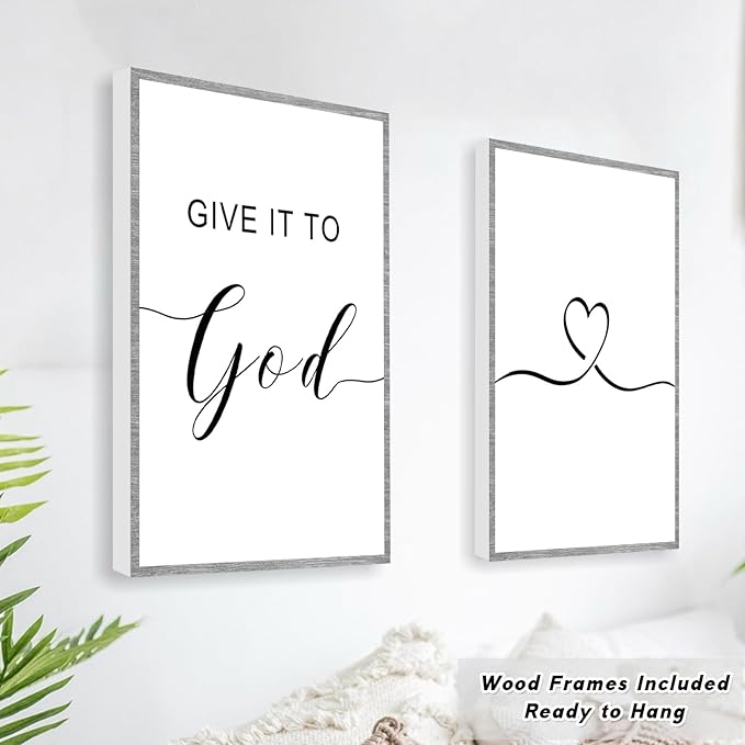 Framed Farmhouse Decor, Farmhouse Wall Art 36x16', Give it to God and Go to Sleep Signs (12x16 inches, Set of 3, Framed, Grey)