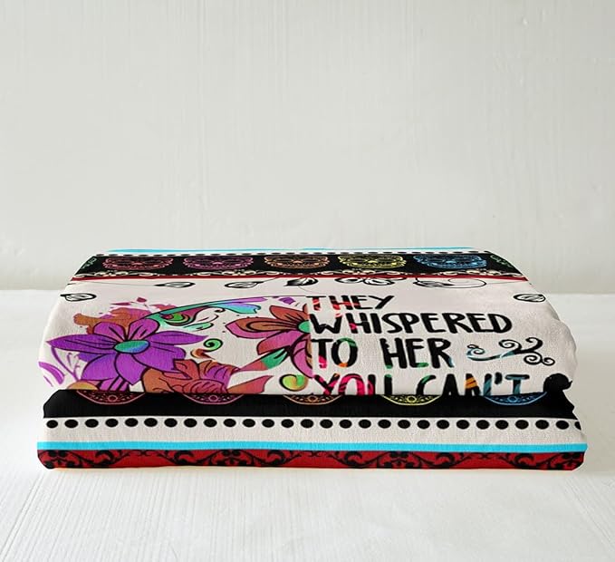 Bohemian Plush Blanket Throw, Flowers Sugar Skull Fleece Bed Blanket, Gothic Floral Skeleton Sherpa Blanket, With Inspirational Quote Fuzzy Blanket Queen 90"X90" Girls Bedroom Sofa Home Decor